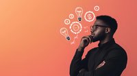 Young African American businessman in glasses thinking thoughtfully with illustrated light bulbs, gears, and dollar signs floating above, against coral gradient background.