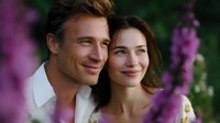 Young romantic couple sharing tender moment among purple flowers in garden, gentle smiles and natural lighting create intimate spring atmosphere.