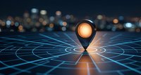 Glowing location pin marker on digital grid with blurred city lights background for navigation and mapping applications.