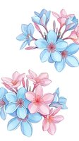 Watercolor floral clusters featuring soft blue and pink blooms with delicate petals and gradient shading. Suitable for botanical designs and decorative backgrounds.