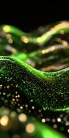 Abstract flowing green waves with glowing particles and bokeh lights against dark background create magical atmosphere for technology designs.