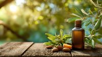 Amber glass bottle with olive oil on rustic wooden table surrounded by fresh olive branches in natural sunlight for cooking and wellness applications.
