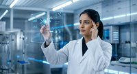 South Asian female scientist in white lab coat interacts with futuristic holographic interface in modern laboratory, exploring data.