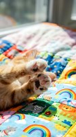 Ginger cat paws stretched on colorful rainbow bedding near window, playful feline relaxation and comfort for pet care, lifestyle and home decor content.
