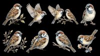 Sparrow birds isolated on transparent background, ready for t-shirt design, clipart, stickers, sublimation and print-on-demand products.