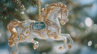 Ornate carousel horse Christmas ornament with golden mane and decorative saddle hanging on tree with soft bokeh background.
