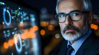 Mature businessman with gray hair and glasses analyzing digital interface with glowing circles, futuristic technology concept against blurred city lights background.
