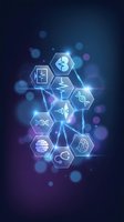 Glowing hexagonal medical icons connected by lightning bolts on dark blue background, featuring DNA, brain, heart and stethoscope symbols.