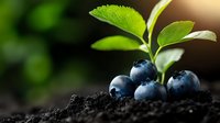 Fresh ripe blueberries on dark soil with young green plant sprout in soft natural lighting, macro photography for organic farming and growth concept.