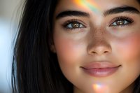 Close up portrait of young woman with freckles and natural makeup, rainbow light prism effect on face, soft dreamy beauty shot with brown eyes and glowing skin.