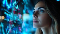 Young blonde woman analyzing financial data visualization with glowing charts and graphs in blue and pink neon lights, representing future technology and analytics.