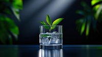 Fresh green plant leaves growing in clear glass with ice cubes and water on dark background with bokeh effect, minimalist eco-friendly concept.