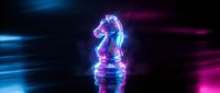 Glowing neon chess knight piece with electric blue and purple lighting effects on dark reflective surface for gaming and strategy concepts.