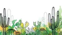 Desert landscape with saguaro cacti, prickly pear, barrel cactus and agave plants in watercolor style on white background for botanical design projects.
