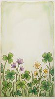 Watercolor clover and wildflower border card with soft green background, gold outline accents, purple and yellow blooms, copy space for text.