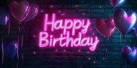 Glowing pink neon Happy Birthday sign on dark brick wall with heart-shaped balloons and sparkles creating festive party atmosphere for celebration designs.