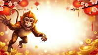 Festive monkey character leaping through golden light with cherry blossoms and red lanterns for Chinese New Year celebration and lunar calendar holidays.