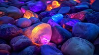 Glowing stones with vibrant neon colors in dark environment. Illuminated pebbles in purple, orange, blue and pink create magical atmosphere. For fantasy or meditation designs.