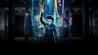 Young Asian businessman in suit celebrating success with raised fist surrounded by glowing digital data streams and light effects in modern office space.