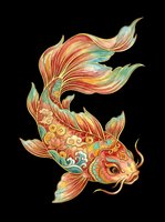 Ornamental koi fish with flowing fins and intricate patterns in warm gold, red, and turquoise tones. Isolated on transparent background, ready for t-shirts, stickers, clipart, and print-on-demand designs.