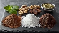 Baking ingredients arrangement with cocoa powder, powdered sugar, dark chocolate, walnuts, mint leaves and spices on black slate background for dessert making.