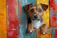Adorable Jack Russell terrier puppy peeking through colorful rustic wooden fence, with paws resting on weathered boards against vibrant red, blue and yellow background.