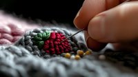 Close-up of hands embroidering red flower on fabric with needle and thread. Detailed macro shot showing textile craftsmanship and needlework technique in progress.