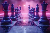 Chess pieces arranged in dramatic purple and pink lighting on reflective surface with atmospheric bokeh effects creating strategic game concept atmosphere.