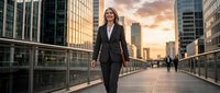 Confident businesswoman walking on urban bridge at sunset with city skyline backdrop, professional corporate lifestyle and career success concept.