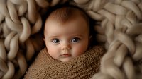 Adorable Caucasian baby with bright blue eyes wrapped on chunky knit cream blanket. Close up portrait showing innocent expression.
