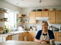 Senior woman with gray hair and light skin tone, wearing a navy cardigan and patterned apron, smiling in a bright, modern kitchen with wooden cabinets and natural light for lifestyle and home cooking content.