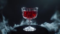 Crystal coupe glass filled with red cocktail on dark background with dramatic smoke effects, elegant beverage photography for bars and restaurants.