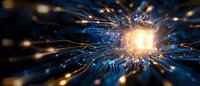 Glowing central processor with radiating circuit paths and light trails on blue background, digital technology concept illustrating artificial intelligence and computing power.