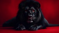 Dark fantasy lion with glowing red eyes and bloody scars lying on red surface against crimson background for horror themed designs and gothic artwork.