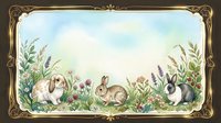 Rabbits and hares among wildflowers and grass in a meadow setting, framed with ornate golden decorative border, suitable for spring designs and nature-themed projects.