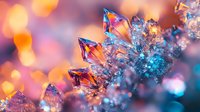 Sparkling crystal formations with orange and blue tones against blurred bokeh background create magical winter atmosphere for seasonal designs and holiday cards.