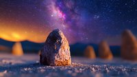 Mystical rock formation under vibrant night sky with purple Milky Way galaxy and stars. Desert landscape with scattered stones at sunset creates dreamy atmosphere.