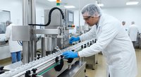 Male technician in white lab coat and hair net operating pharmaceutical manufacturing equipment in sterile production facility with quality control processes.