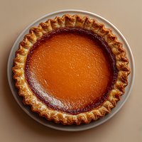 Fresh baked pumpkin pie with flaky golden crust on ceramic plate against neutral background, overhead view showing smooth orange filling and decorative edges.