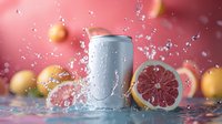 Refreshing aluminum can with water splashes and grapefruit slices on pink background, perfect for beverage advertising and summer drink promotions.