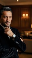 Middle-aged man with dark hair and beard wearing black velvet blazer and white watch in luxury interior setting, suitable for business and lifestyle.