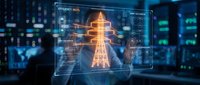 Futuristic holographic display showing glowing transmission tower with digital interface panels in high-tech control room for energy infrastructure monitoring.