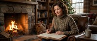 Middle-aged Caucasian woman in cozy cable knit sweater reading book by fireplace in rustic living room with leather chair and bookshelves during winter.