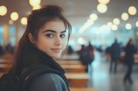 Young woman with gentle smile in gray coat against blurred bokeh lights background at shopping mall or public space. Warm evening atmosphere.