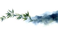 Watercolor mountain landscape with green botanical leaves branch, misty peaks in blue tones on white background, artistic nature composition.