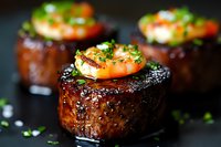 Grilled beef tenderloin medallions topped with seared jumbo shrimp and fresh herbs on dark background. Surf and turf fine dining presentation with black pepper seasoning.