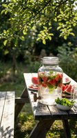 Refreshing watermelon mint infused water in glass jar on rustic wooden table outdoors for summer hydration and healthy lifestyle.