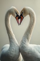 Two white swans forming heart shape with curved necks against soft background, creating romantic nature composition with elegant feather detail and orange beaks.
