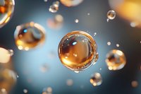 Floating golden liquid spheres with reflective surfaces against blurred blue background, macro photography capturing water drops with light refraction effects.
