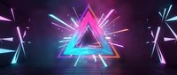 Glowing neon triangle with colorful light rays on dark background, futuristic geometric design for music events, gaming, and nightclub visuals.